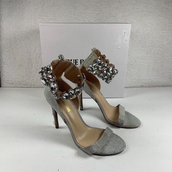 True Religion Braelynn Ankle Wrap Dress Heels 7.5M Jewel Embellished Silver 7963 - Picture 1 of 12